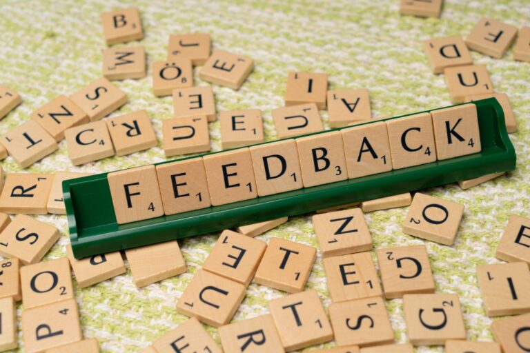 Drewniane litery układające słowo feedback na zielonym stojaku